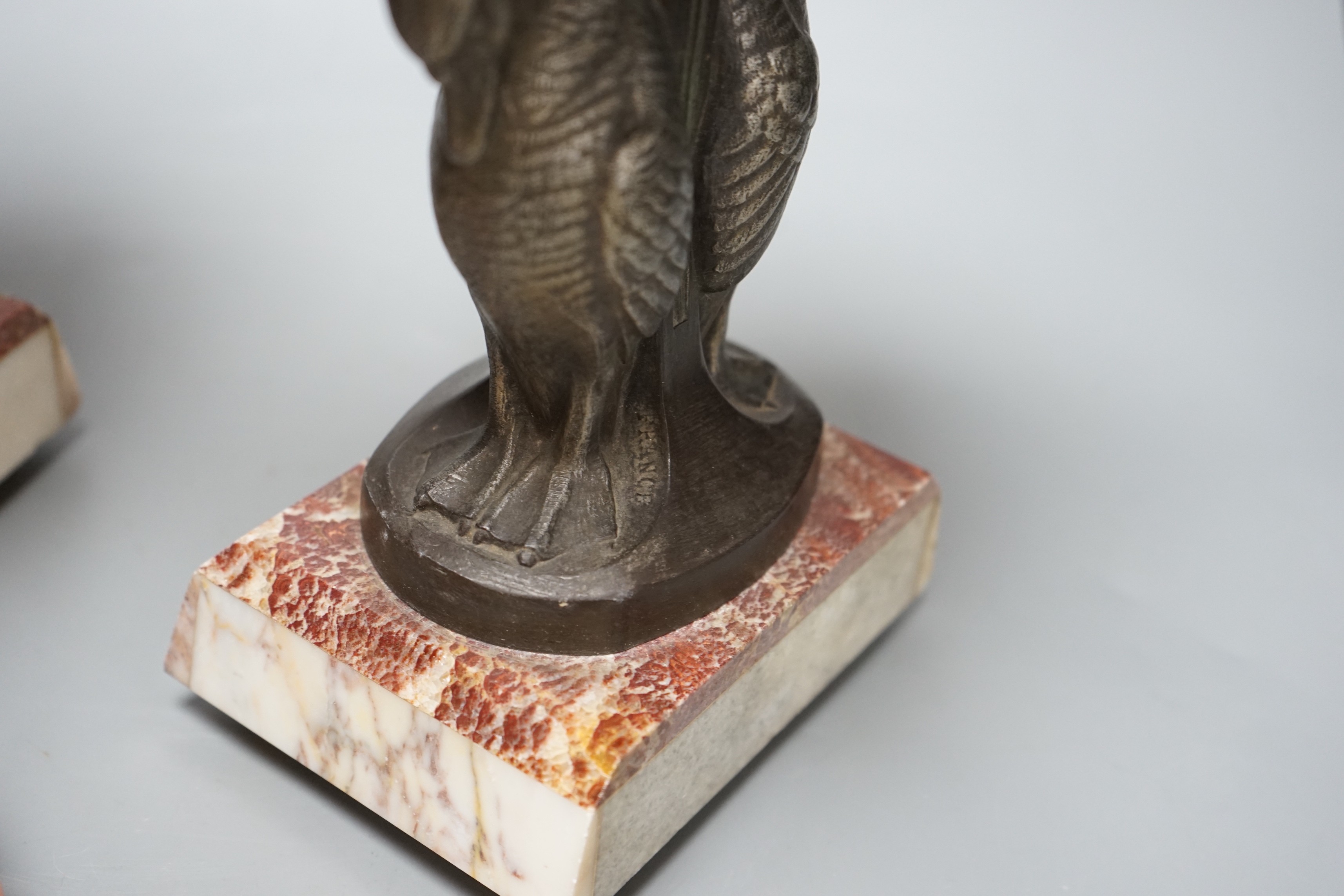 A pair of Art Deco spelter and marble ‘swan’ garnitures, 24cm